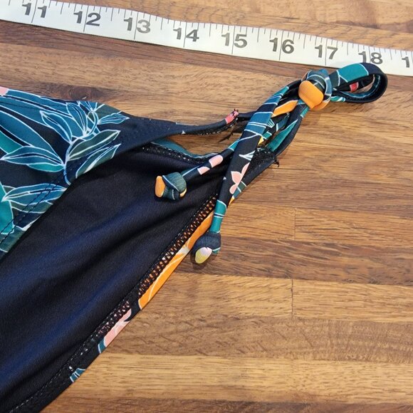 Old Navy Black Hibiscus Tropical Leaf Print Side Tie Bikini Bottoms - Picture 5 of 9